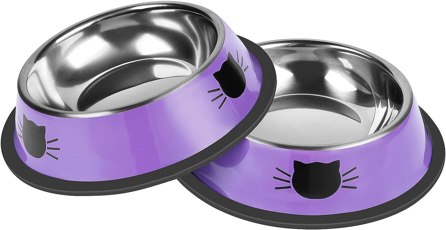 2Pcs Cat Bowls Non-Slip Stainless Steel Small Cat Food Bowls Unbreakable Thicken Cat Feeder 7 Oz Cat Dishes Suitable for Indoor Small Pets Removable Rubber Base Easily Clean Lovely Color