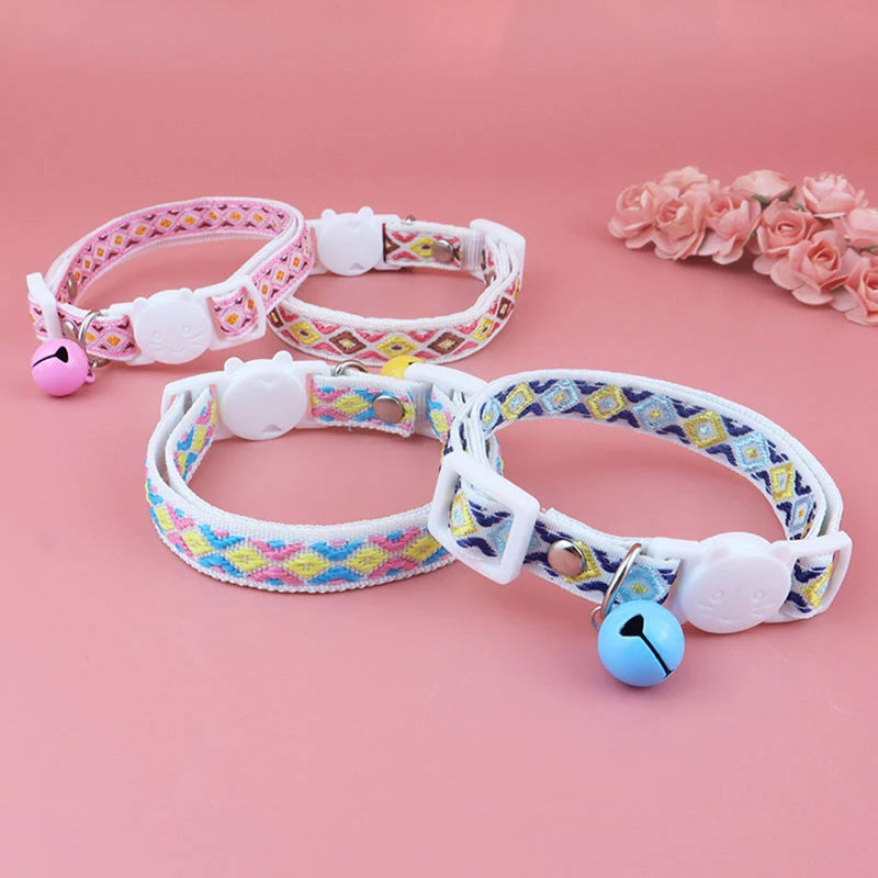 New Beautiful Printing Cat Collars Plaid Jacquard Collars Adjustable Anti-Lost Bell Collars Colorful Cute Pretty Pet Supplies