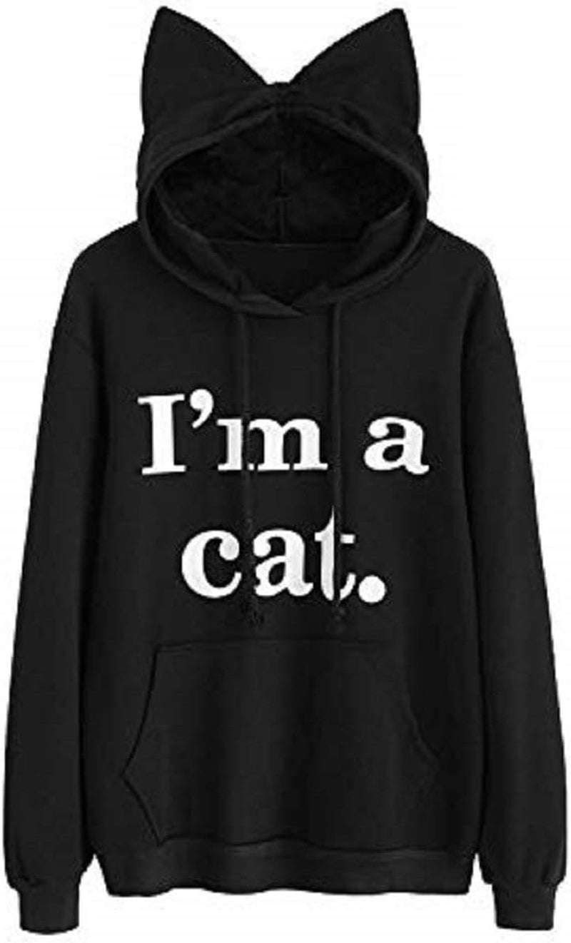 Women Girl Hoodies Cute Cat Ear Novelty Printed Pullover Sweatshirt