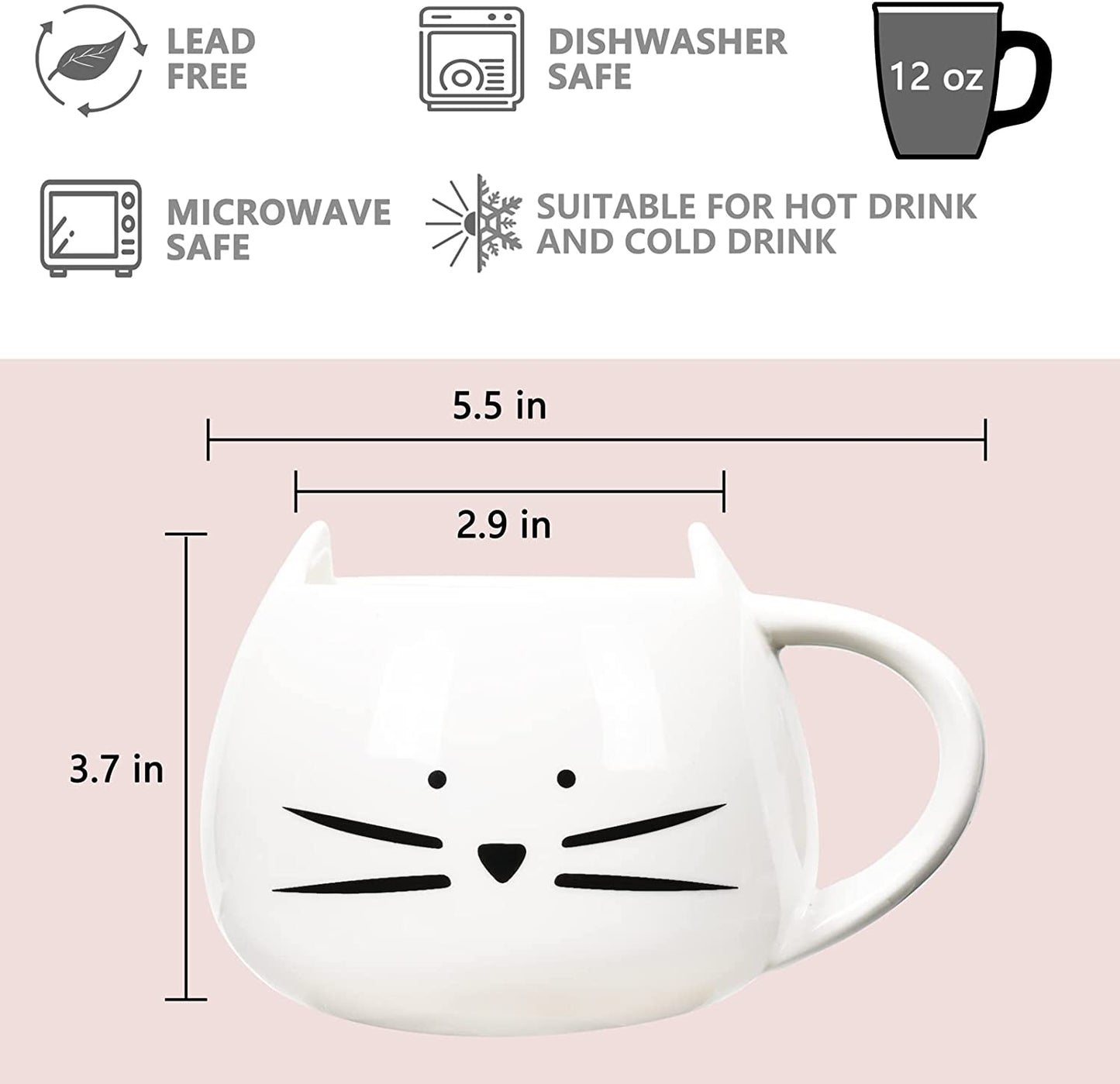 Cute Cat Coffee Mug for Cat Lovers Women Girls Ceramic Kitty Water Mugs 12 Oz Small Cup White