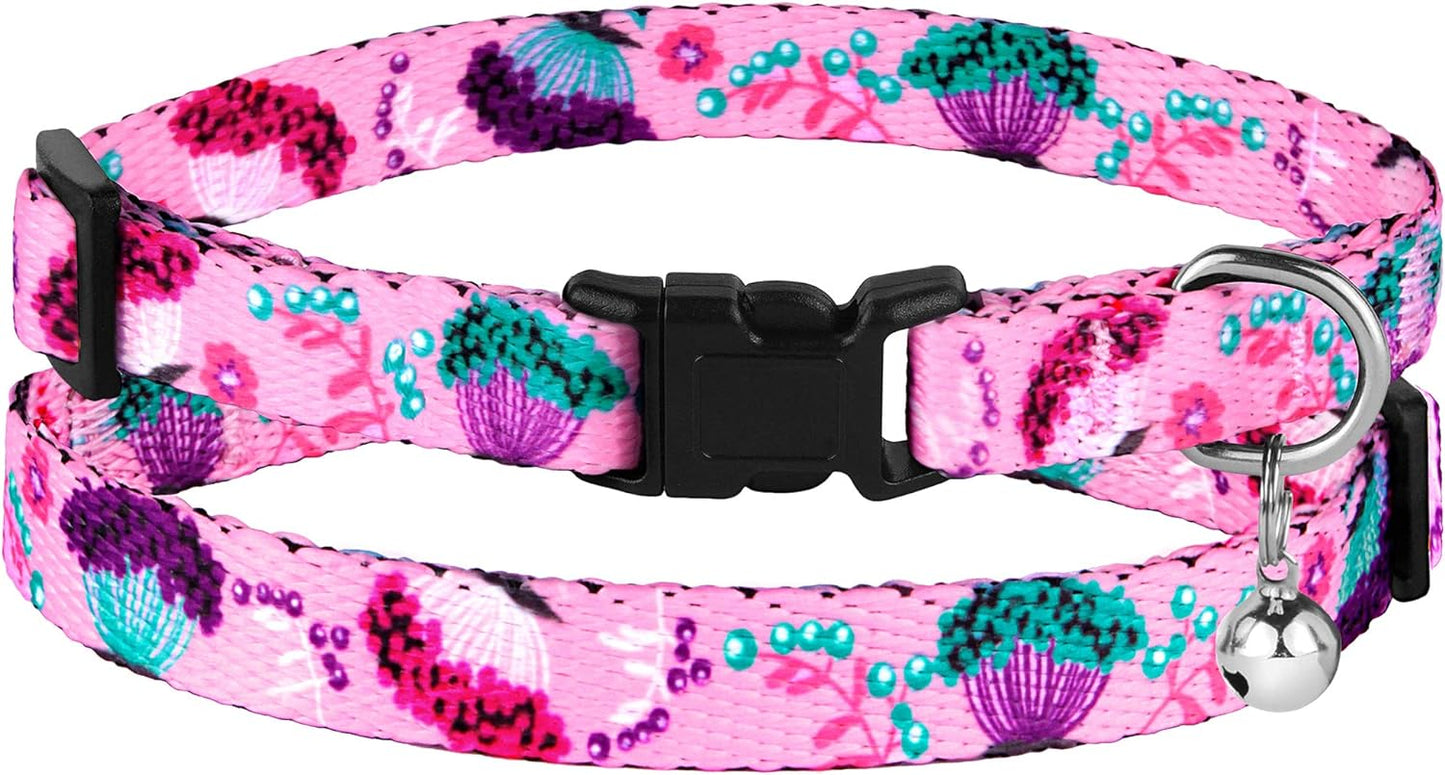 Cat Collar with Bell Floral Pattern 2 Pack Set Flower Adjustable Safety Breakaway Collars for Cats Kitten (Pink + Aquamarine)