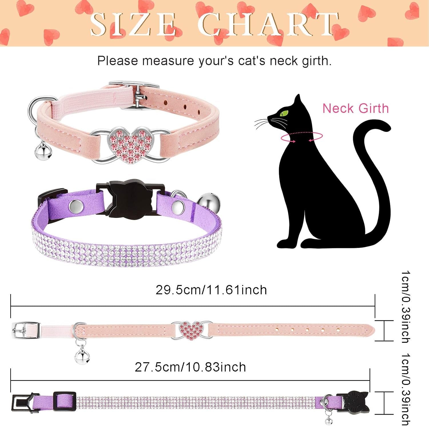 4 Pcs Rhinestone Cat Collar Heart Bling Breakaway Girl Cat Collar Soft Velvet Fancy Cat Collar with Heart Bling Cat Collar Adjustable Safety Kitten Collar with Bell for Kitty(Pink, Purple)