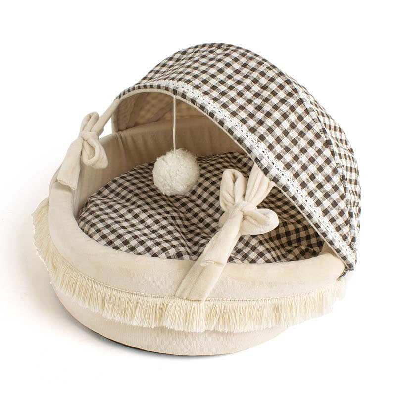 Cat Beds for Indoor Cats - Cat Cradle Semi-Enclosed House with Fluffy Ball Hanging