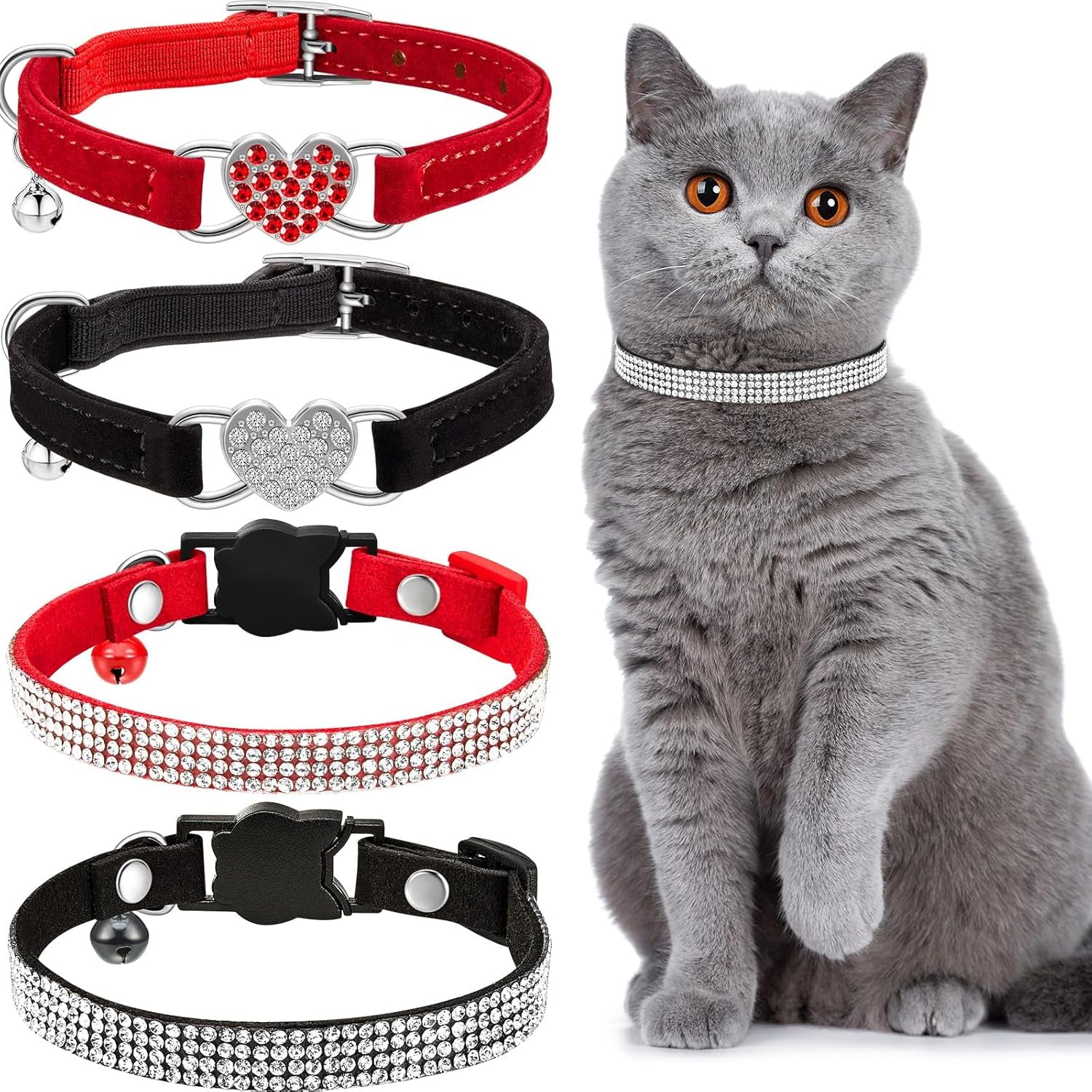 4 Pcs Rhinestone Cat Collar Heart Bling Breakaway Girl Cat Collar Soft Velvet Fancy Cat Collar with Heart Bling Cat Collar Adjustable Safety Kitten Collar with Bell for Kitty(Red, Black)