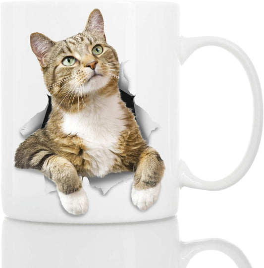 Pondering Tabby Cat Coffee Mug - Ceramic Funny Coffee Mug - Perfect Cat Lover Gift - Cute Novelty Coffee Mug Present - Great Birthday or Christmas Surprise for Friend or Coworker, Men and Women (11Oz)